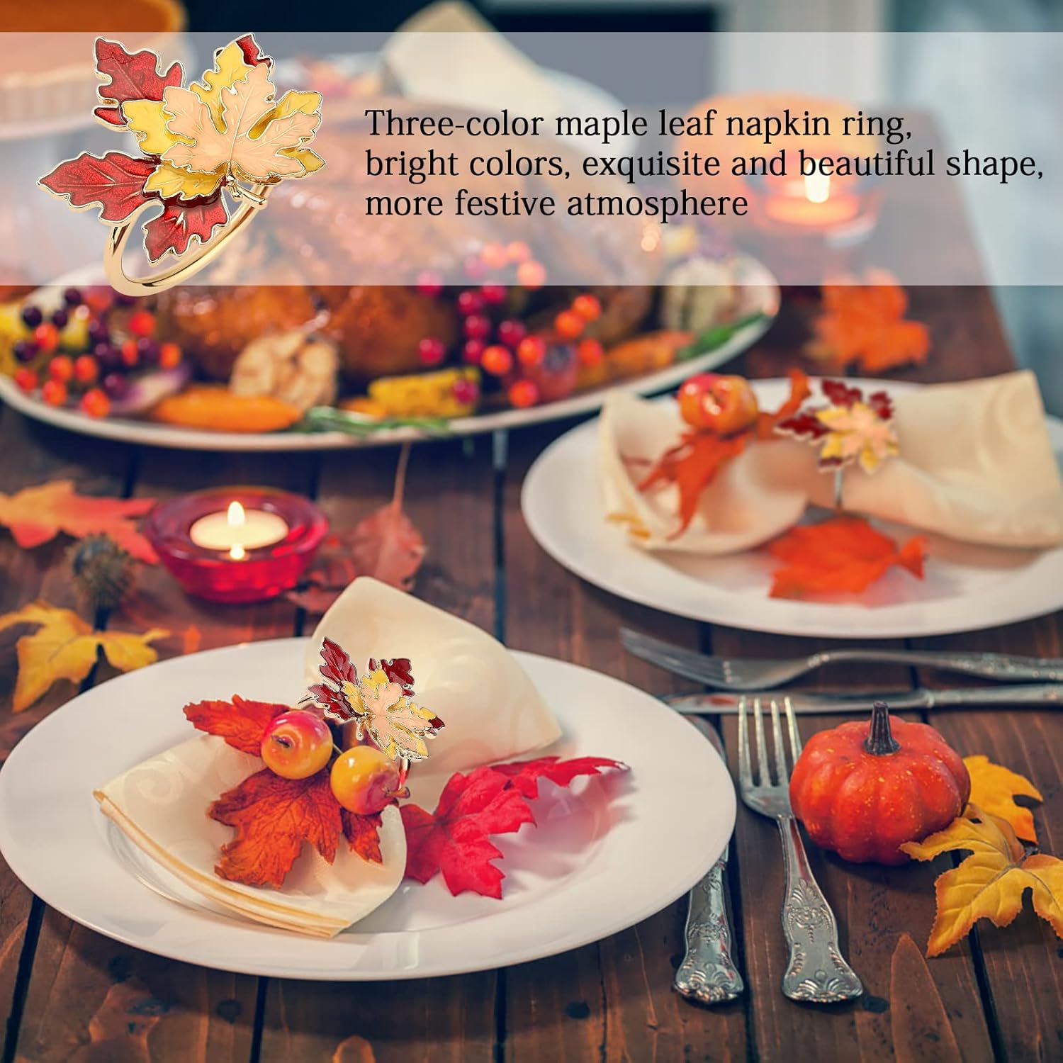 Fall Maple Leaf Napkin Rings Set of 4 Thanksgiving Maple Napkins Holder with Rhinestones Maple Leaves Serviette Buckle Holder for Fall Harvest Table Accessories Home Decor - Image 2