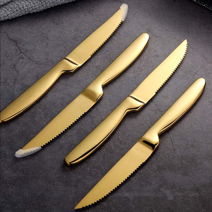 Stainless Steel Serrated Steak Knife Set of 6, BuyGo Gold Color Heavy Duty Dinner Table Knives for Cutting Meat, Beef, 8.6 Inch, Dishwasher Safe - Image 2
