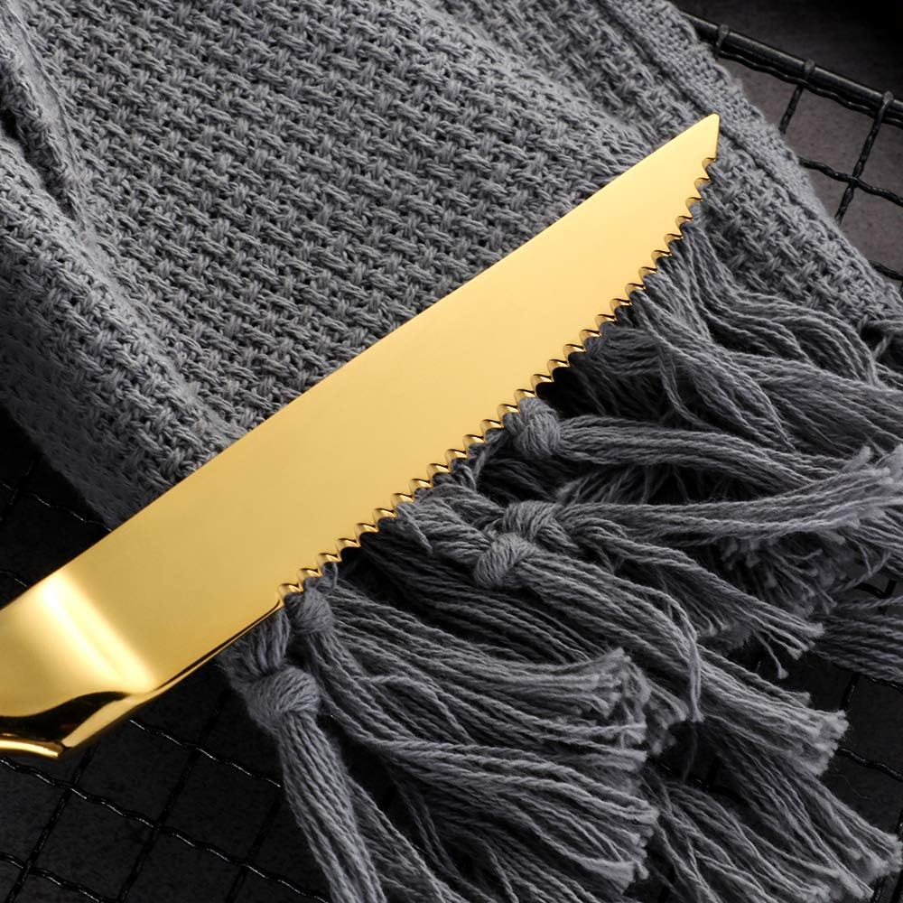 Stainless Steel Serrated Steak Knife Set of 6, BuyGo Gold Color Heavy Duty Dinner Table Knives for Cutting Meat, Beef, 8.6 Inch, Dishwasher Safe - Image 3