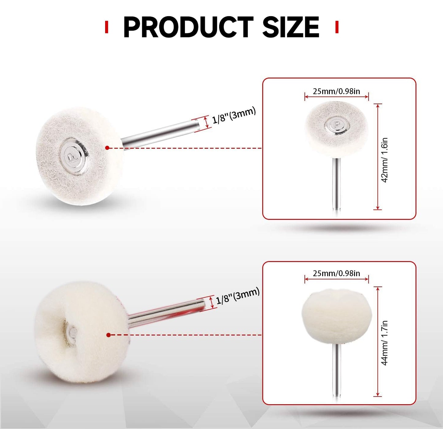 50 PCS 1 Inch Wool Felt Polishing Accessory Kits, 25 Each Spherical/Flat Buffing Wheels for Proxxon Dremel Rotary Tool - 1/8" Shank, Ideal for Wood Metal Jewelry and Glass Polishing - Image 2