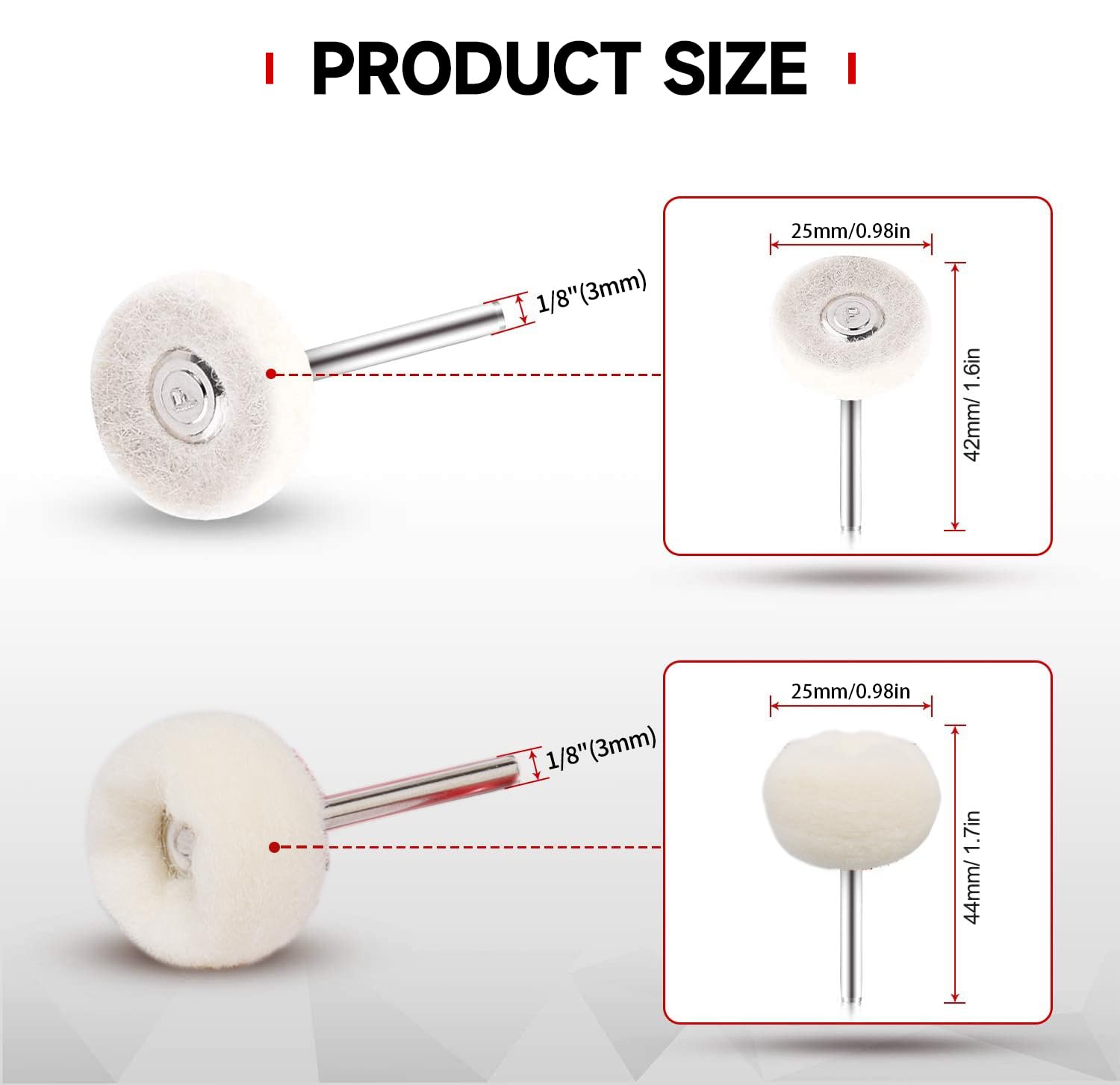 50 PCS 1 Inch Wool Felt Polishing Accessory Kits, 25 Each Spherical/Flat Buffing Wheels for Proxxon Dremel Rotary Tool - 1/8" Shank, Ideal for Wood Metal Jewelry and Glass Polishing - Image 2