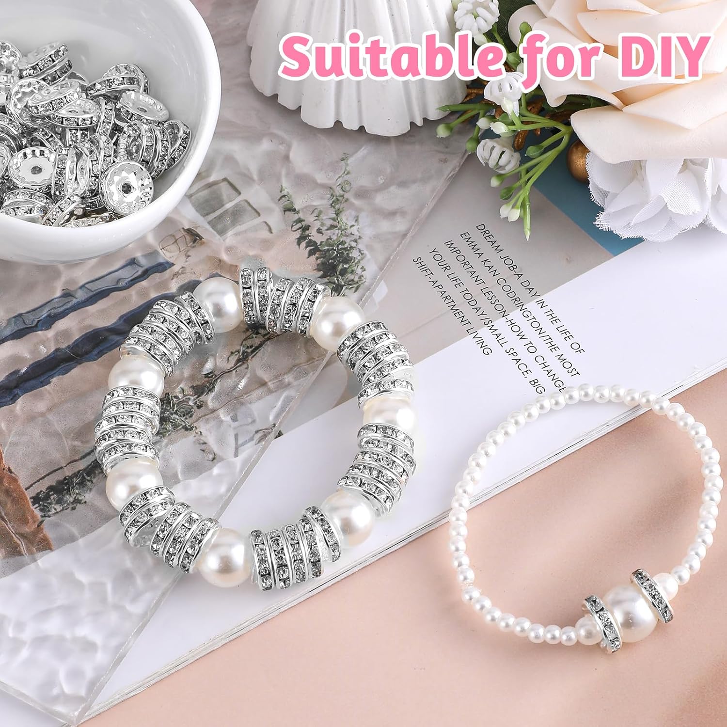 Rhinestone Beads for Pens Making, 100 Pcs 12mm Bulk Beadable Spacer Beads Rhinestone Bead Glitter Wave Diamond Crystal Bead for DIY Pens Bracelet Jewelry Making Craft Supplies(Style2) - Image 4