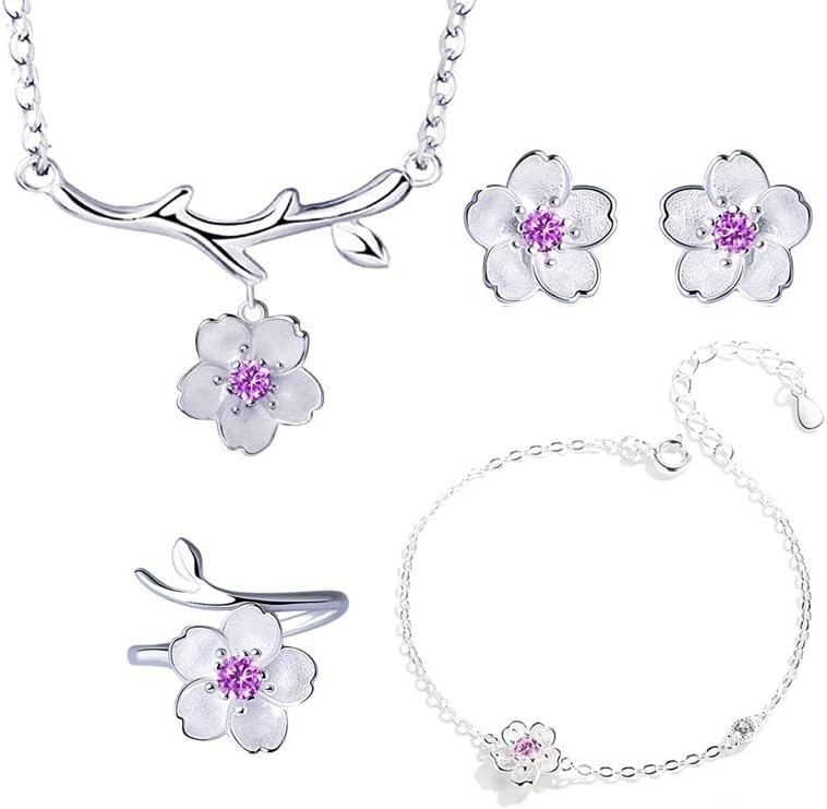 925 Sterling Silver Jewelry Sets Romantic Cherry Blossoms Flower Necklace+Earrings+Ring+Bracelet For Women Gift - Image 2