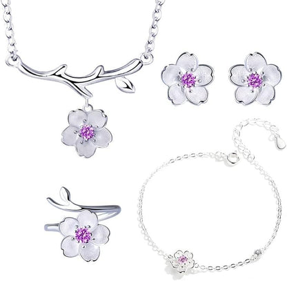 925 Sterling Silver Jewelry Sets Romantic Cherry Blossoms Flower Necklace+Earrings+Ring+Bracelet For Women Gift - Image 2