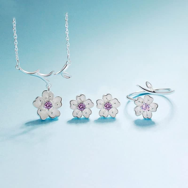 925 Sterling Silver Jewelry Sets Romantic Cherry Blossoms Flower Necklace+Earrings+Ring+Bracelet For Women Gift - Image 3