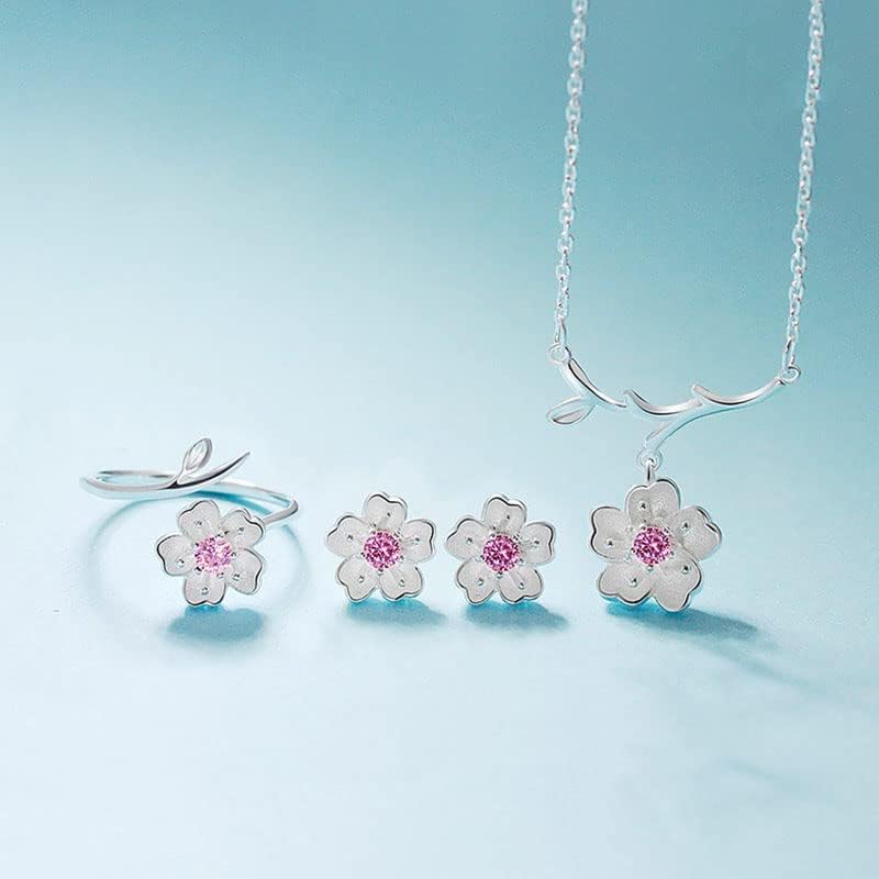 925 Sterling Silver Jewelry Sets Romantic Cherry Blossoms Flower Necklace+Earrings+Ring+Bracelet For Women Gift - Image 4