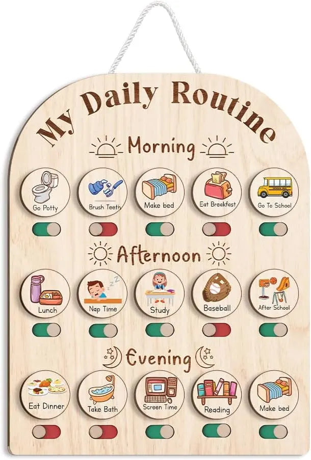 Daily Routine Chart for Kids, Visual Schedule, Routine Chart for Toddlers 3-5, Morning Bedtime Routine Chart for Toddlers, Wooden Chore Chart for Kids