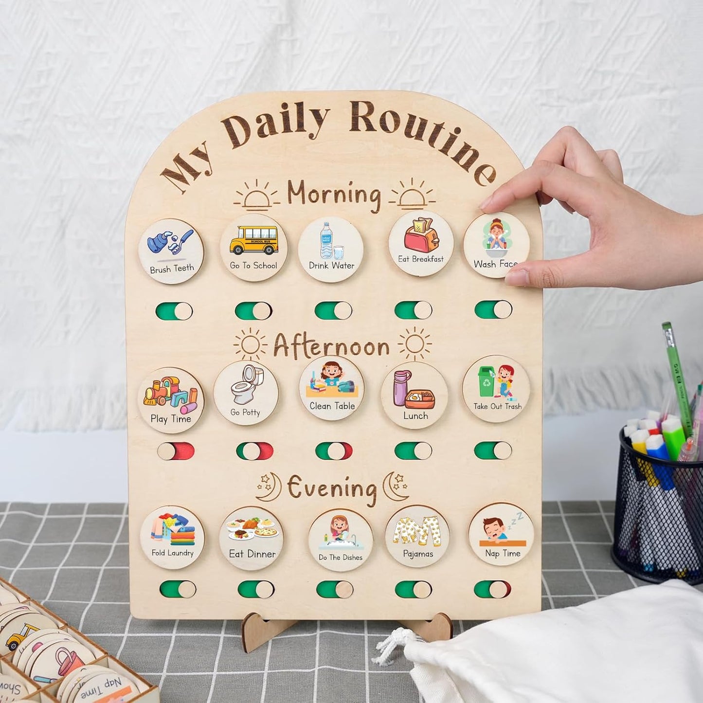 Daily Routine Chart for Kids, Visual Schedule, Routine Chart for Toddlers 3-5, Morning Bedtime Routine Chart for Toddlers, Wooden Chore Chart for Kids - Image 2