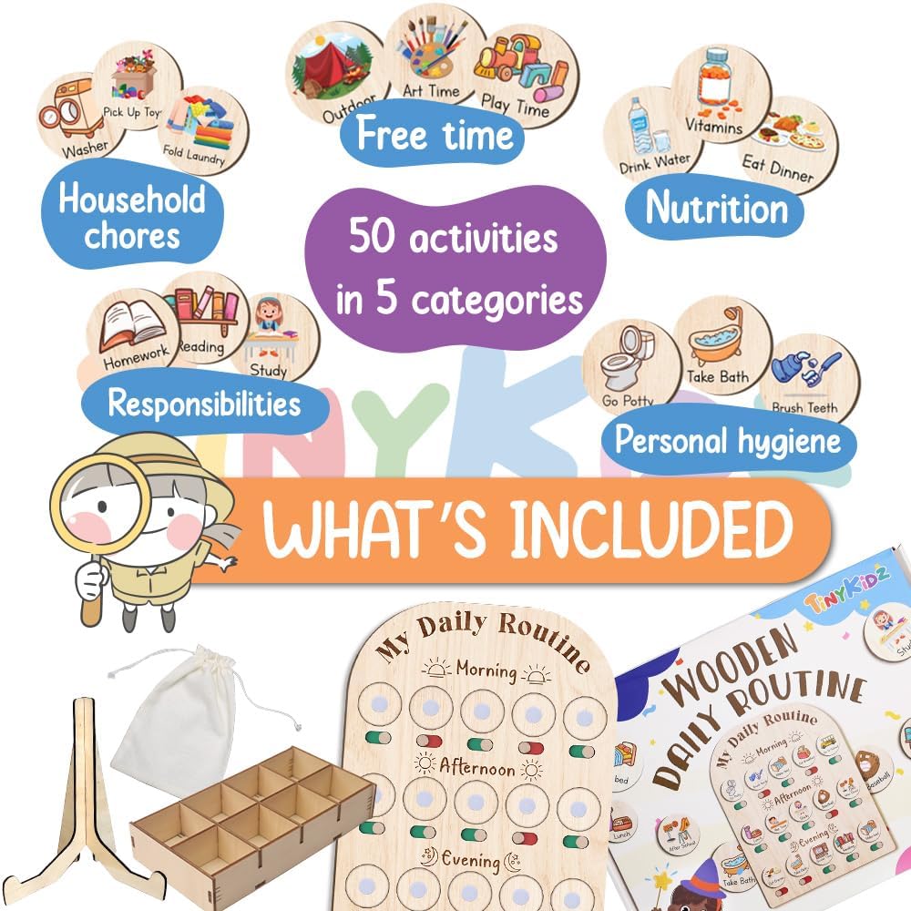Daily Routine Chart for Kids, Visual Schedule, Routine Chart for Toddlers 3-5, Morning Bedtime Routine Chart for Toddlers, Wooden Chore Chart for Kids - Image 4