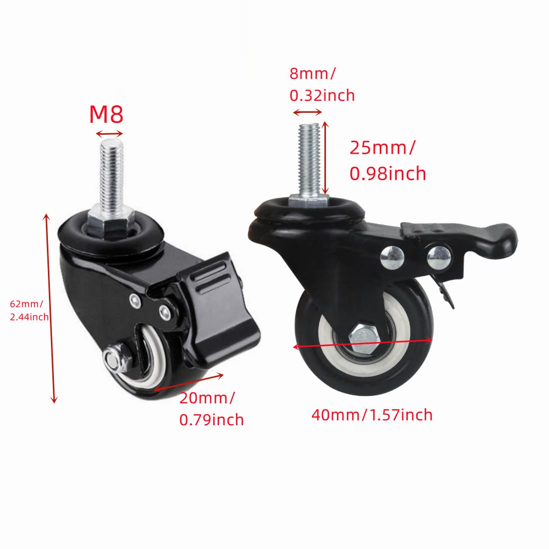 4Pcs 1.5 Inch Heavy Duty Caster Wheels Swivel Casters with Brake and M8 Threaded Stem, Loading 50kg/110lbs Black Rubber - Image 3