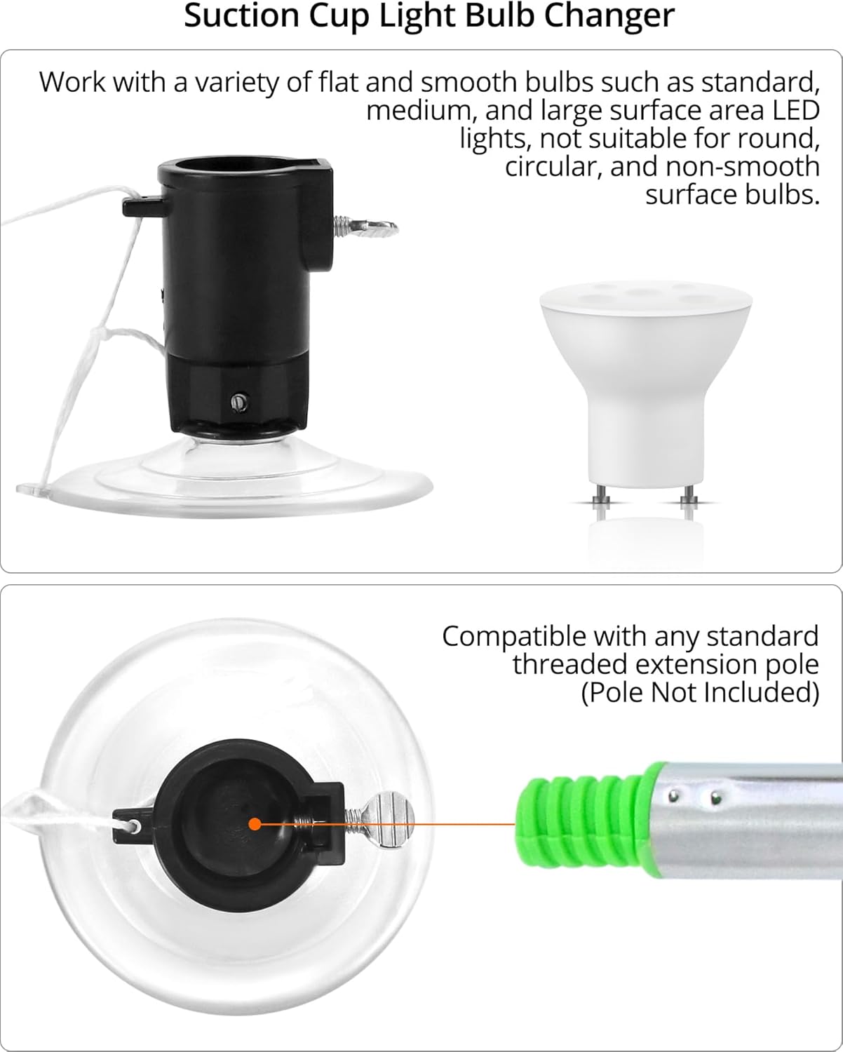 Professional Light Bulb Changer Kit - 3 Piece Set - Extension Pole Compatible, for High Ceiling Incandescent Bulbs with Standard, Floodlight & Recessed Changer - Image 3