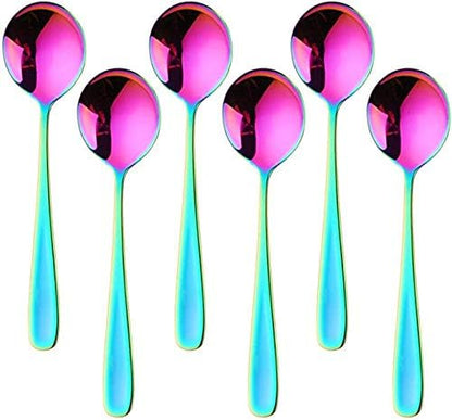 7-Inch Soup Spoons,  6 Pieces Bouillon Spoon,18/10 Stainless Steel Finished Table Dinner Spoons Set of 6 (Rainbow)