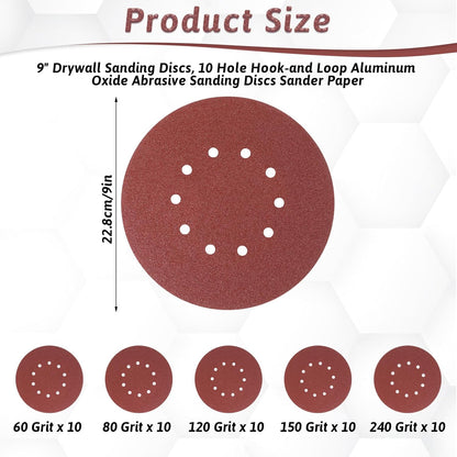50 Pcs 9-Inch 10-Hole Drywall Sanding Discs Set, 10 Each of 60 80 120 150 240 Grits Hook-and-Loop Sanding Discs for 9" Drywall Sander, Wood Furniture Finishing - Image 2