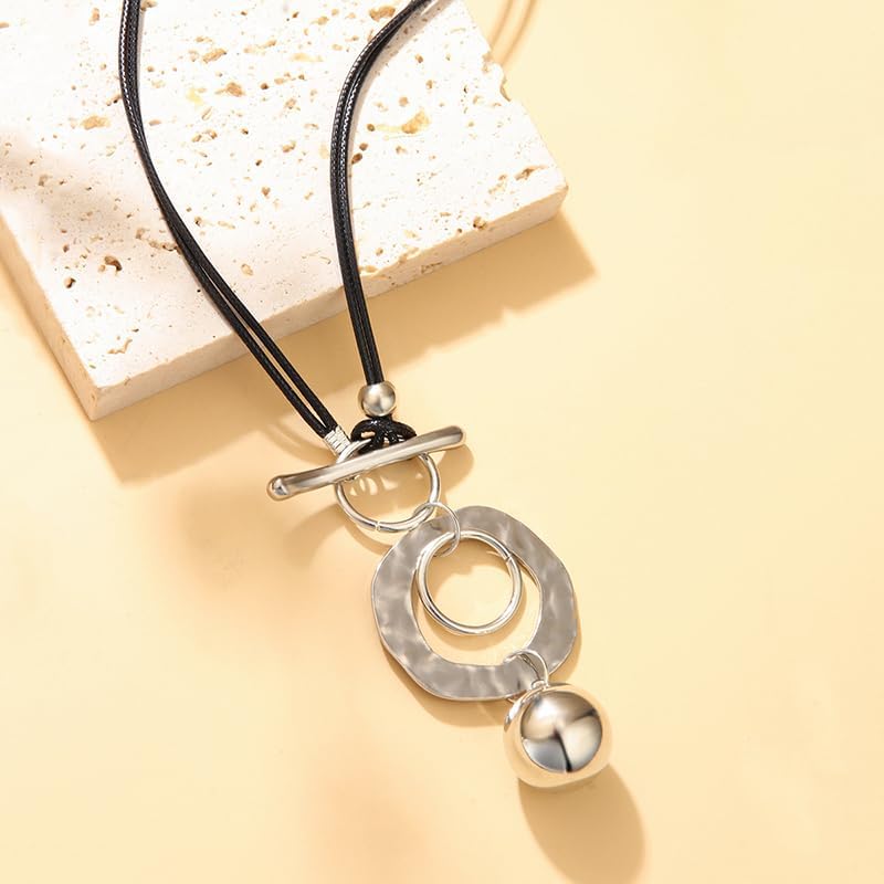 Silver Necklaces For Women, Double Layer Rope Chain Silvery Circular And Spherical Pendants Geometric Minimalist Style Jewelry Gift - Image 2