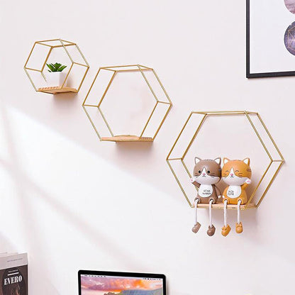 3 Pcs Gold Hexagon Wall Shelves, Floating Decorative Wire Wall Mounted Shelf, Multi-use Geometric Floating Shelves Metal Shelving for Bedroom Living Room Kitchen Office, 6.7in 9.4in 11in - Image 2