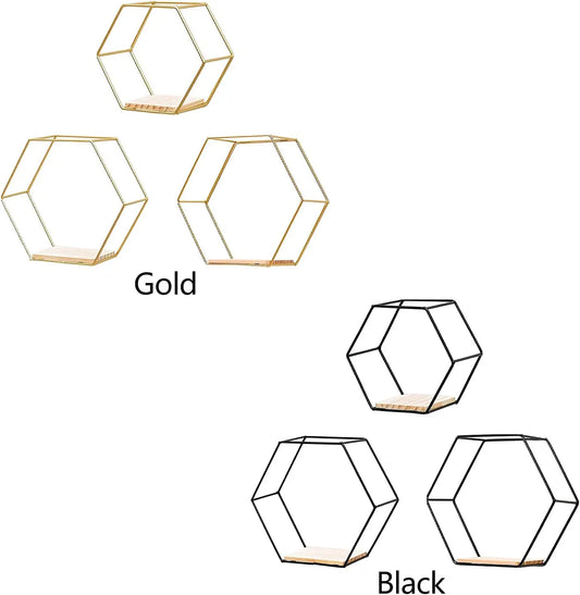 3 Pcs Gold Hexagon Wall Shelves, Floating Decorative Wire Wall Mounted Shelf, Multi-use Geometric Floating Shelves Metal Shelving for Bedroom Living Room Kitchen Office, 6.7in 9.4in 11in - Image 3