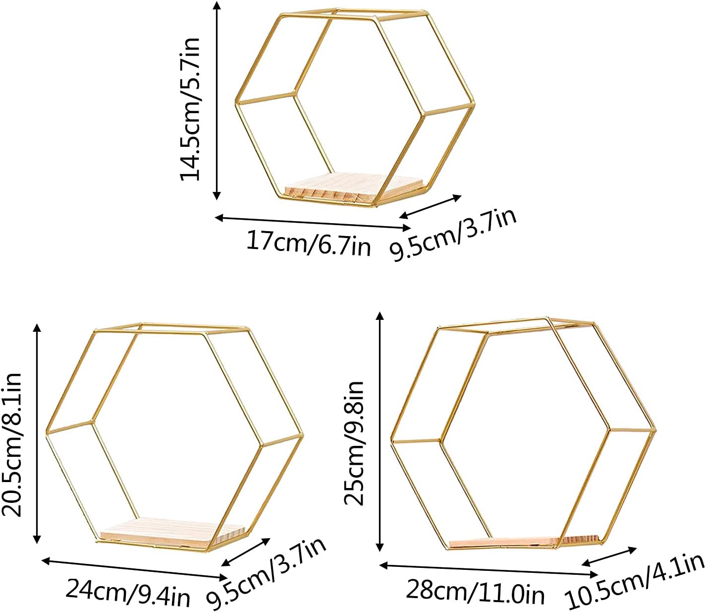 3 Pcs Gold Hexagon Wall Shelves, Floating Decorative Wire Wall Mounted Shelf, Multi-use Geometric Floating Shelves Metal Shelving for Bedroom Living Room Kitchen Office, 6.7in 9.4in 11in - Image 4