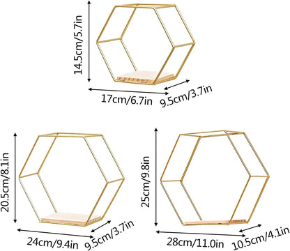 3 Pcs Gold Hexagon Wall Shelves, Floating Decorative Wire Wall Mounted Shelf, Multi-use Geometric Floating Shelves Metal Shelving for Bedroom Living Room Kitchen Office, 6.7in 9.4in 11in - Image 4