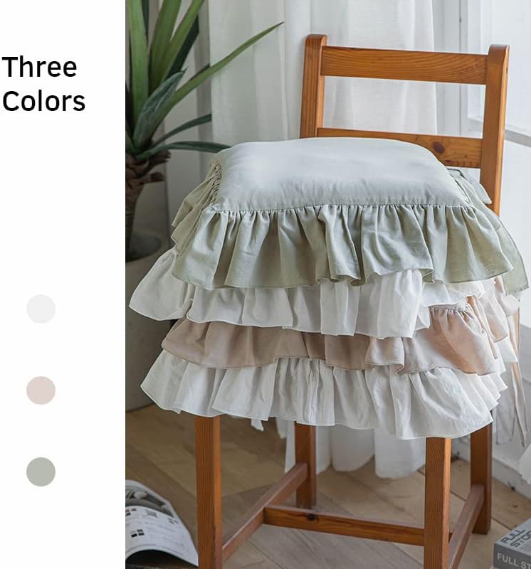 Ruffled Chair Cushions with Ties Elegant Vintage Cotton Chair Pads Soft Cotton Filled Seat Cushion for Farmhouse Home Kitchen Dining,Flesh,37 * 37cm - Image 2