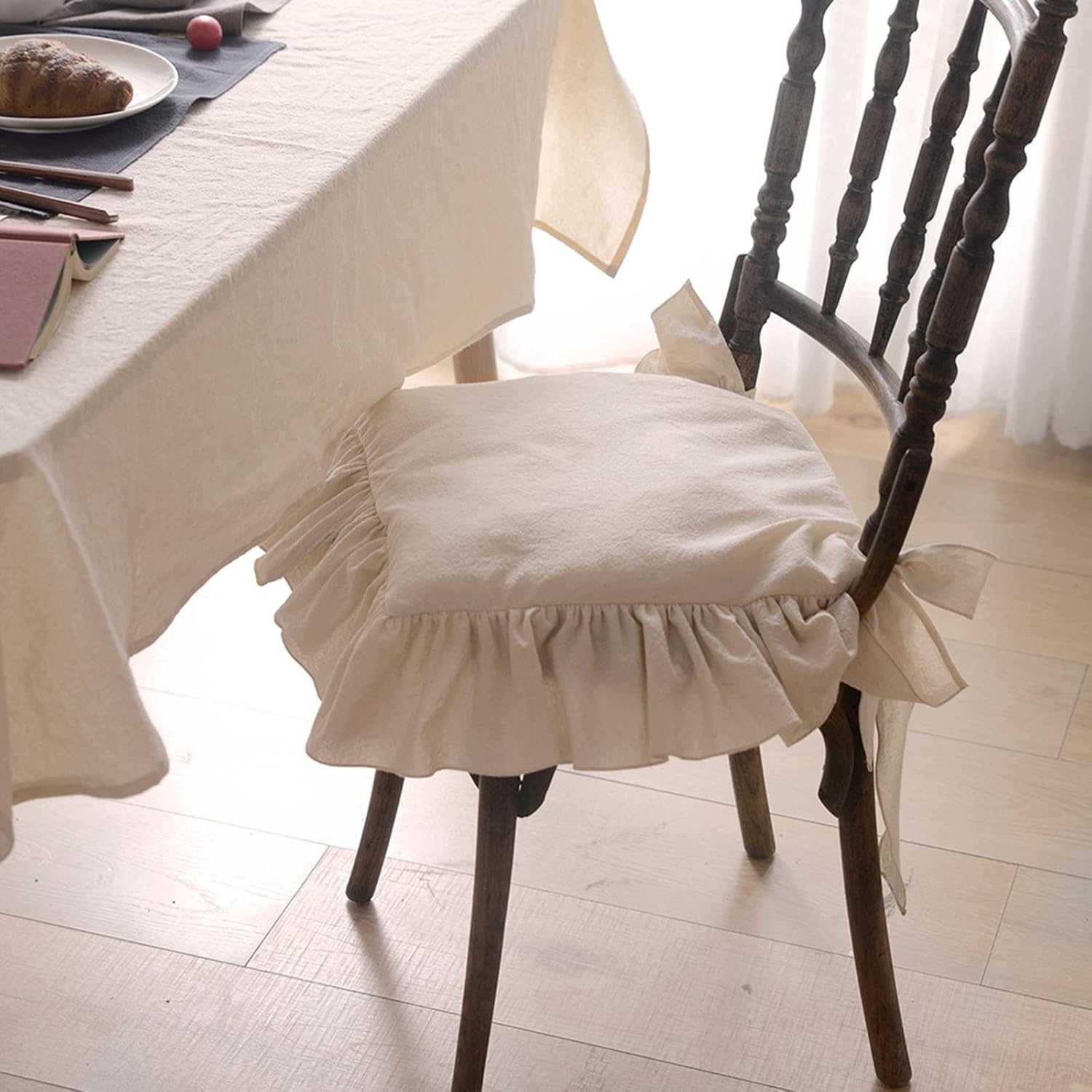 Ruffled Chair Cushions with Ties Elegant Vintage Cotton Chair Pads Soft Cotton Filled Seat Cushion for Farmhouse Home Kitchen Dining,Flesh,37 * 37cm - Image 3