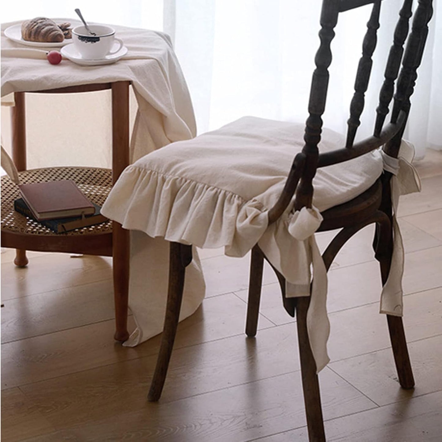 Ruffled Chair Cushions with Ties Elegant Vintage Cotton Chair Pads Soft Cotton Filled Seat Cushion for Farmhouse Home Kitchen Dining,Flesh,37 * 37cm - Image 4