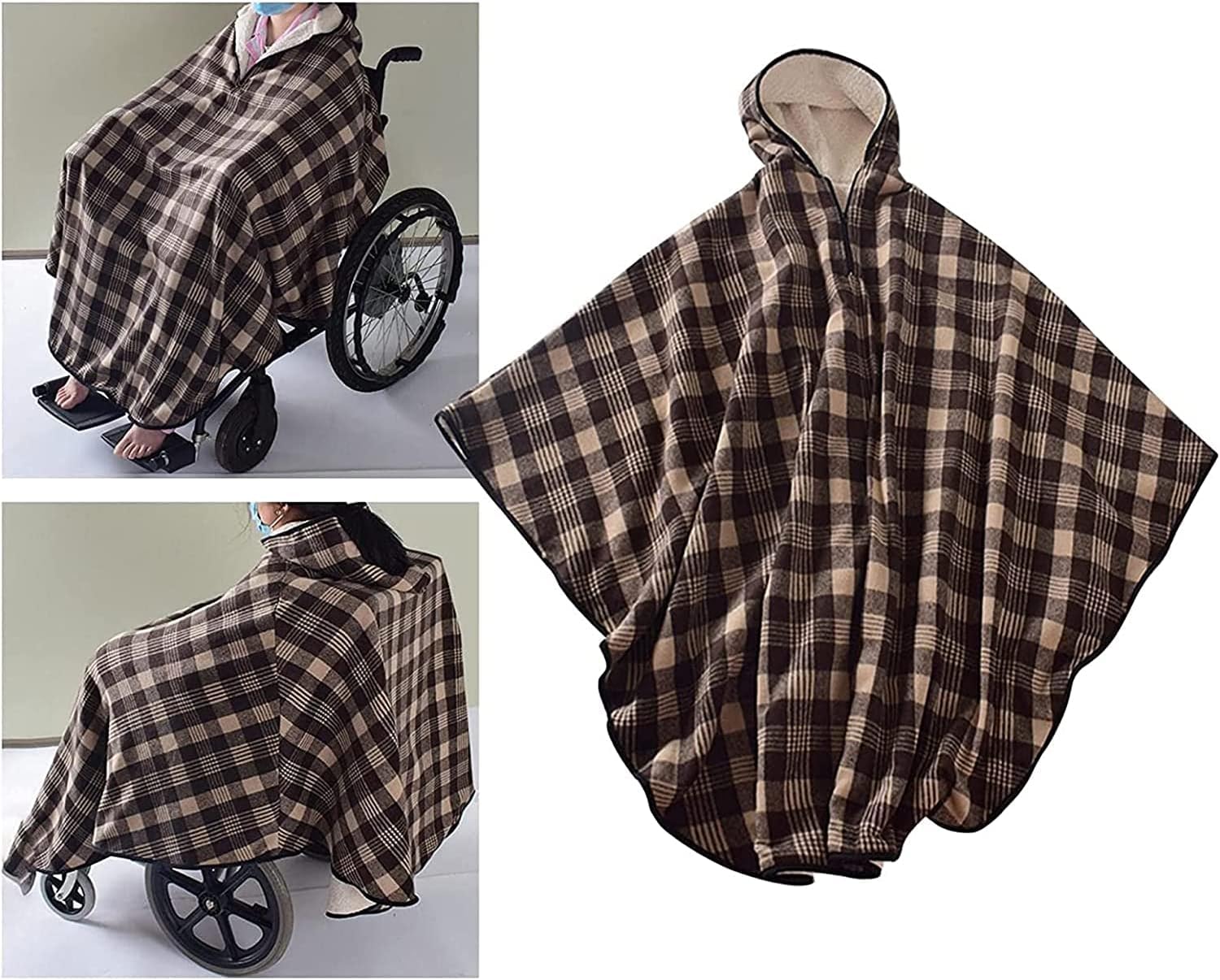 Wheelchair Blanket Adult Fleece-Lined Cape with Hood, Winter Poncho Coat for Women and Men, Warm Blanket - Image 2