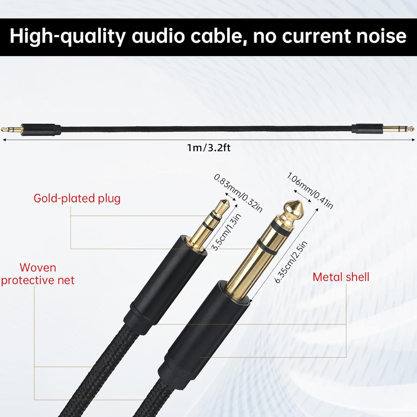 2 Pack 1/8 to 1/4 Stereo Audio Cable, 3.5mm TRS to 6.35mm Audio Cable 4Ft Stereo Cable Braided Hi-Fi Sound Bidirectional Stereo Audio Adapter Jack for Home Theater Devices Guitar Laptop and Amplifiers - Image 3
