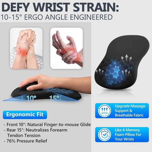 Ergonomic Mouse Pad with Wrist Rest, Dual-Slope Design for Pain Relief- Large 12x8 Inch Size with Reinforced Memory Foam & Non-Slip Base for Office Desk/Gaming (Black) - Image 2