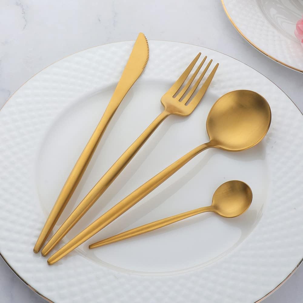 12 PCS Modern Stainless Steel Dinnerware Flatware Set, Reusable Popular Dinner Fork, Widely Use on Home, Restaurant, Party, 8.6 Inch, Gold - Image 2