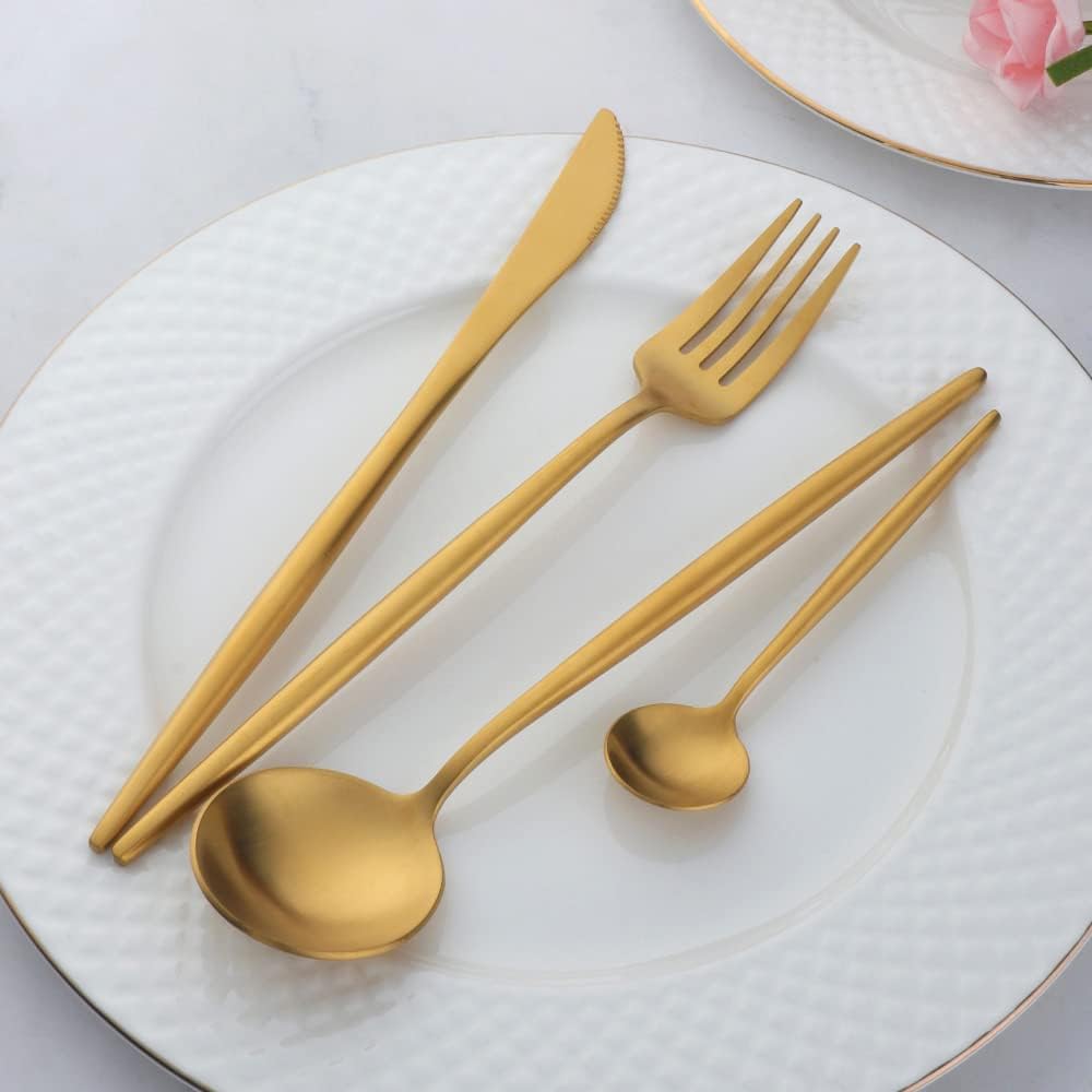 12 PCS Modern Stainless Steel Dinnerware Flatware Set, Reusable Popular Dinner Fork, Widely Use on Home, Restaurant, Party, 8.6 Inch, Gold - Image 3