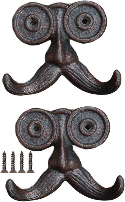 2 Pack Wall Hooks Cast Iron Mustache Hook Vintage Coat Hook Wall Mounted Coat Hooks Country House Double Hook Suitable for Garden Kitchen Utensils(Vintage Black)