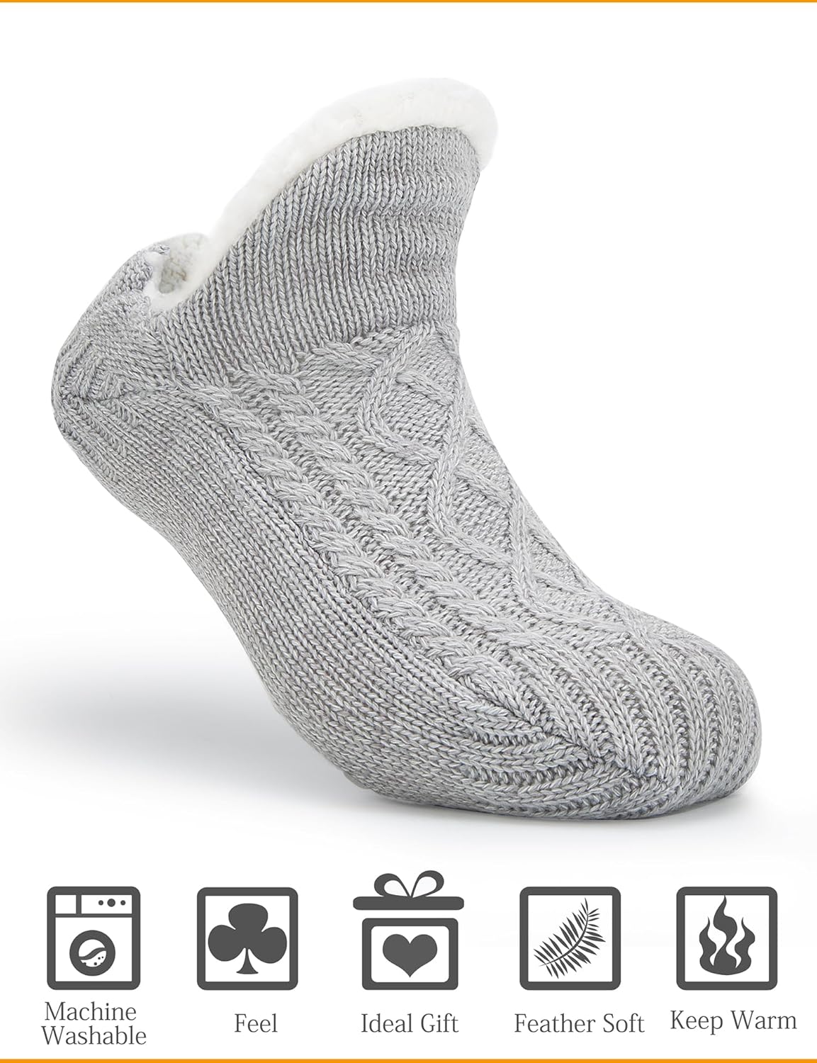 Women Knitted Slipper Socks Cozy Sherpa Fuzzy Non Slip Winter Indoor Double Layer Bedroom Grey Medium Wide - Image 2