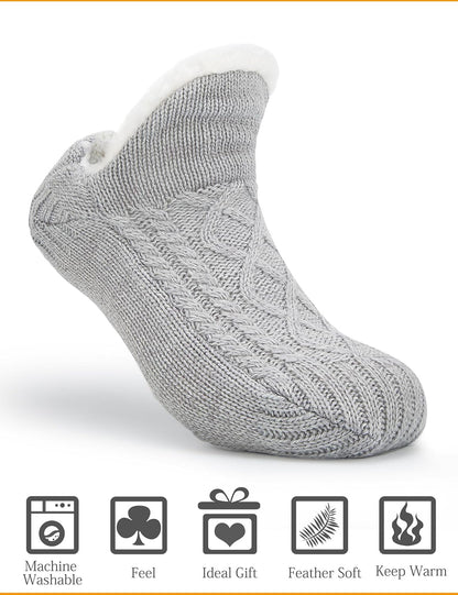 Women Knitted Slipper Socks Cozy Sherpa Fuzzy Non Slip Winter Indoor Double Layer Bedroom Grey Medium Wide - Image 2