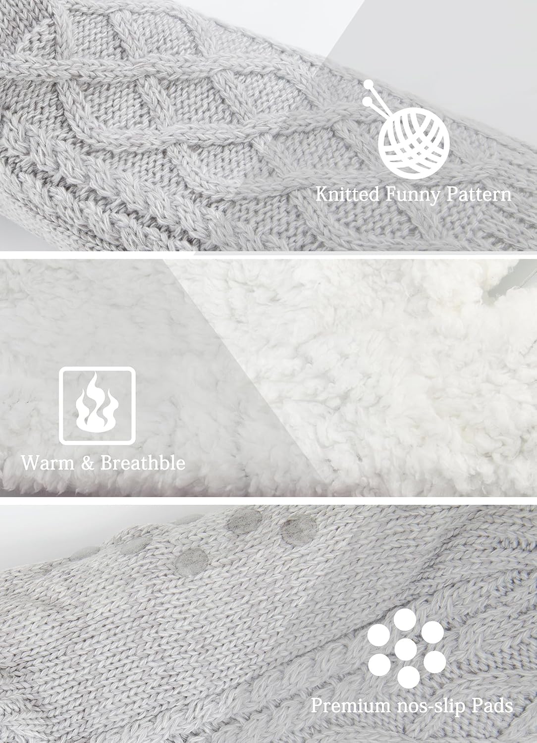 Women Knitted Slipper Socks Cozy Sherpa Fuzzy Non Slip Winter Indoor Double Layer Bedroom Grey Medium Wide - Image 3