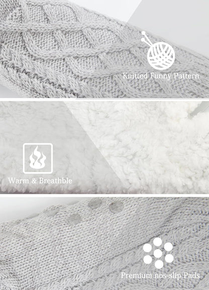 Women Knitted Slipper Socks Cozy Sherpa Fuzzy Non Slip Winter Indoor Double Layer Bedroom Grey Medium Wide - Image 3