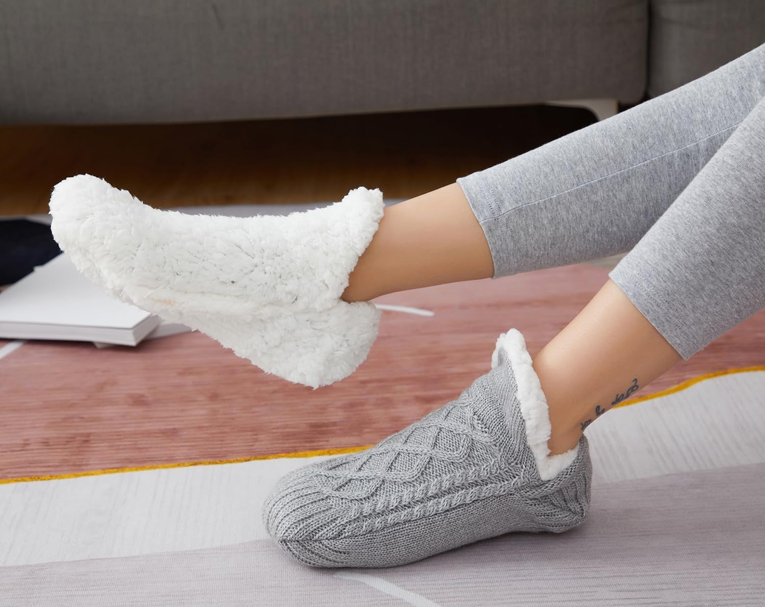 Women Knitted Slipper Socks Cozy Sherpa Fuzzy Non Slip Winter Indoor Double Layer Bedroom Grey Medium Wide - Image 4