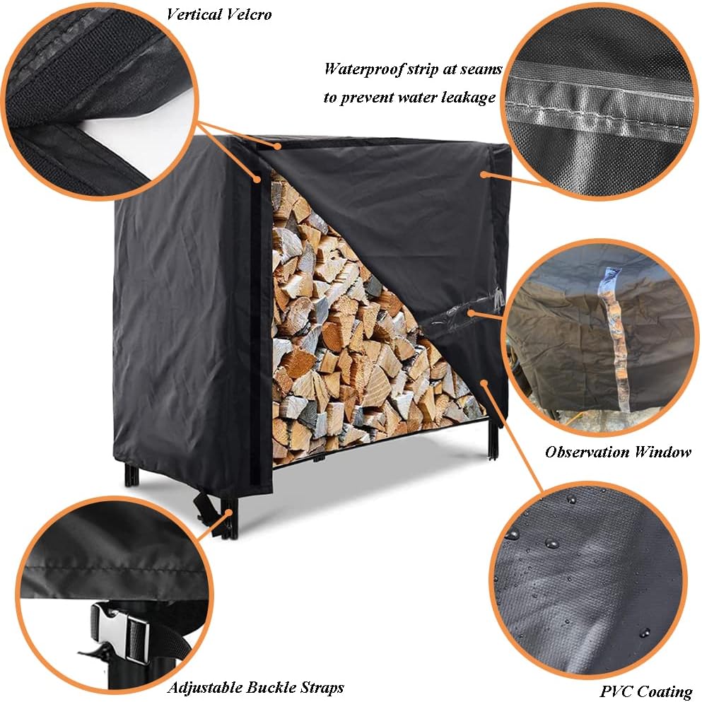 Firewood Log Rack Cover 4ft / 8ft Heavy Duty Waterproof Wood Pile Outdoor Patio Garden Fireplace Holder Fire Storage Covers (4FT: 48" x 24" 42")  4FT: 42" - Image 2