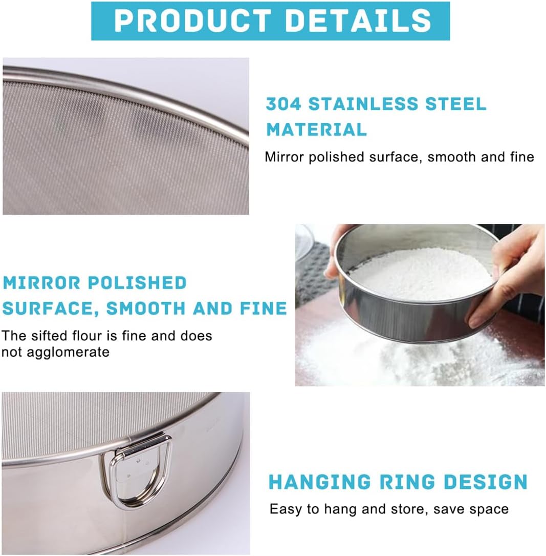 Flour Sifter Stainless Steel Round Flour Sieve 6 Inch 60 Mesh Fine Mesh Strainers for Baking Cake Bread - Image 3