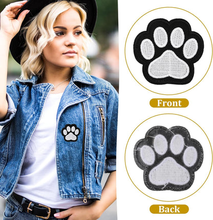 12 Pcs Cute Paw Print Iron on Patches, Self Adhesion Paw Print Applique Sewing Chenille Patches Embroidery Applique Patches Badge for Clothes Jeans Backpacks Hats (Black, White) - Image 3