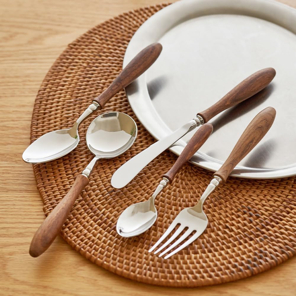 6-Pieces Wood Handle Flatware Set 18/10 Stainless Steel Silverware Cutlery Set with Wooden Handle Kitchen Restaurant Tae Utensil Set Spoons Forks Knives Set Service for 1 - Image 2