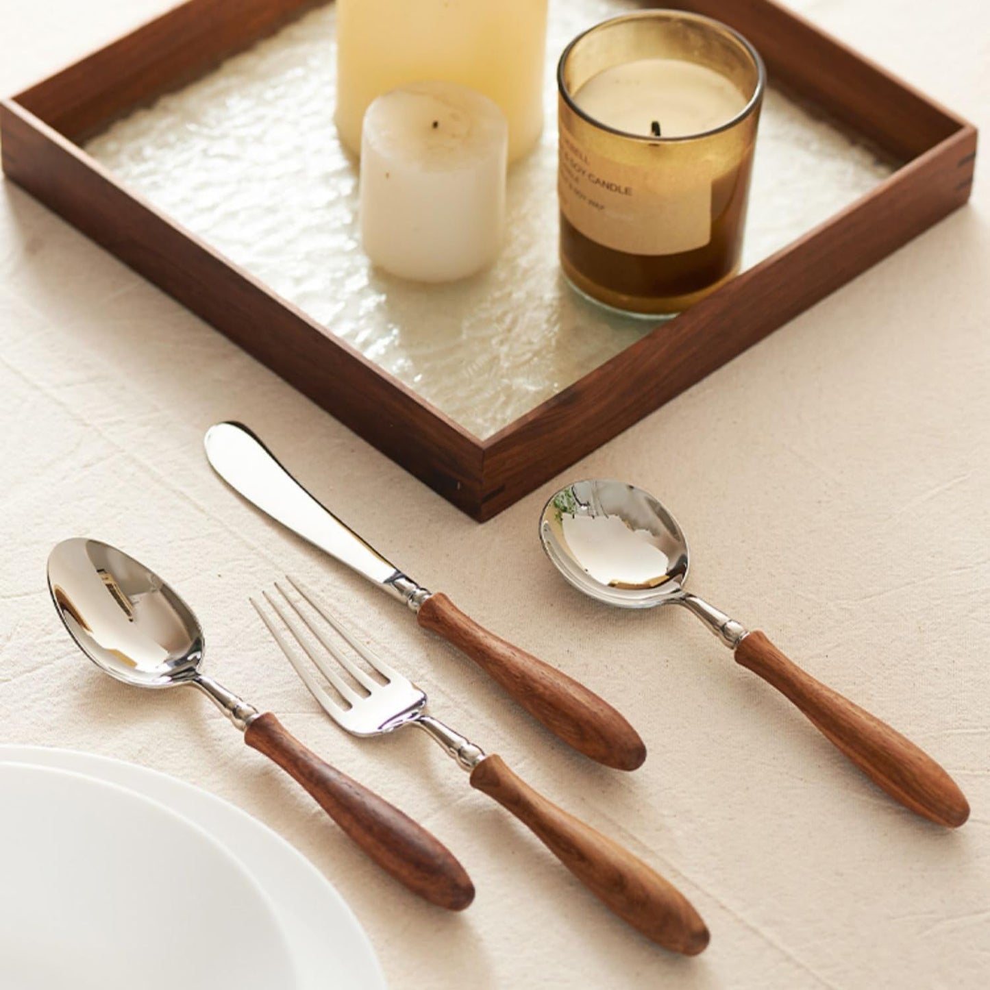 6-Pieces Wood Handle Flatware Set 18/10 Stainless Steel Silverware Cutlery Set with Wooden Handle Kitchen Restaurant Tae Utensil Set Spoons Forks Knives Set Service for 1 - Image 3