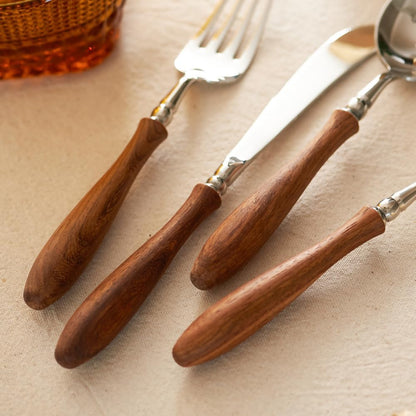 6-Pieces Wood Handle Flatware Set 18/10 Stainless Steel Silverware Cutlery Set with Wooden Handle Kitchen Restaurant Tae Utensil Set Spoons Forks Knives Set Service for 1 - Image 4