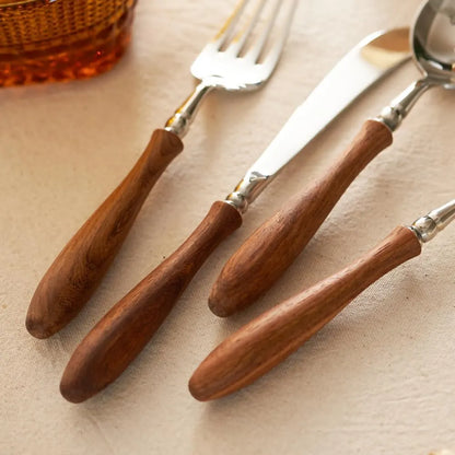6-Pieces Wood Handle Flatware Set 18/10 Stainless Steel Silverware Cutlery Set with Wooden Handle Kitchen Restaurant Tae Utensil Set Spoons Forks Knives Set Service for 1 - Image 4