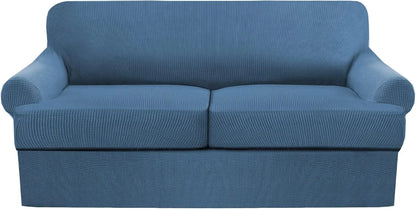 3 Piece T Cushion Sofa Slipcovers Thick Couch Cover Furniture Protector Stretch T Cushion Sofa Covers for 2 Cushion Couch with 2 Individual T Cushion Covers Washable (Blue, Loveseat X-Large)