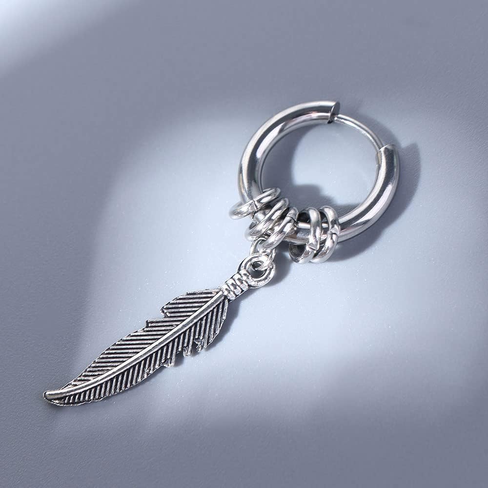 Stainless Steel Feather Design Hoop Earrings, Punk Rock Style Earrings Jewelry, Vintage Leaf Alloy Silver - Image 3