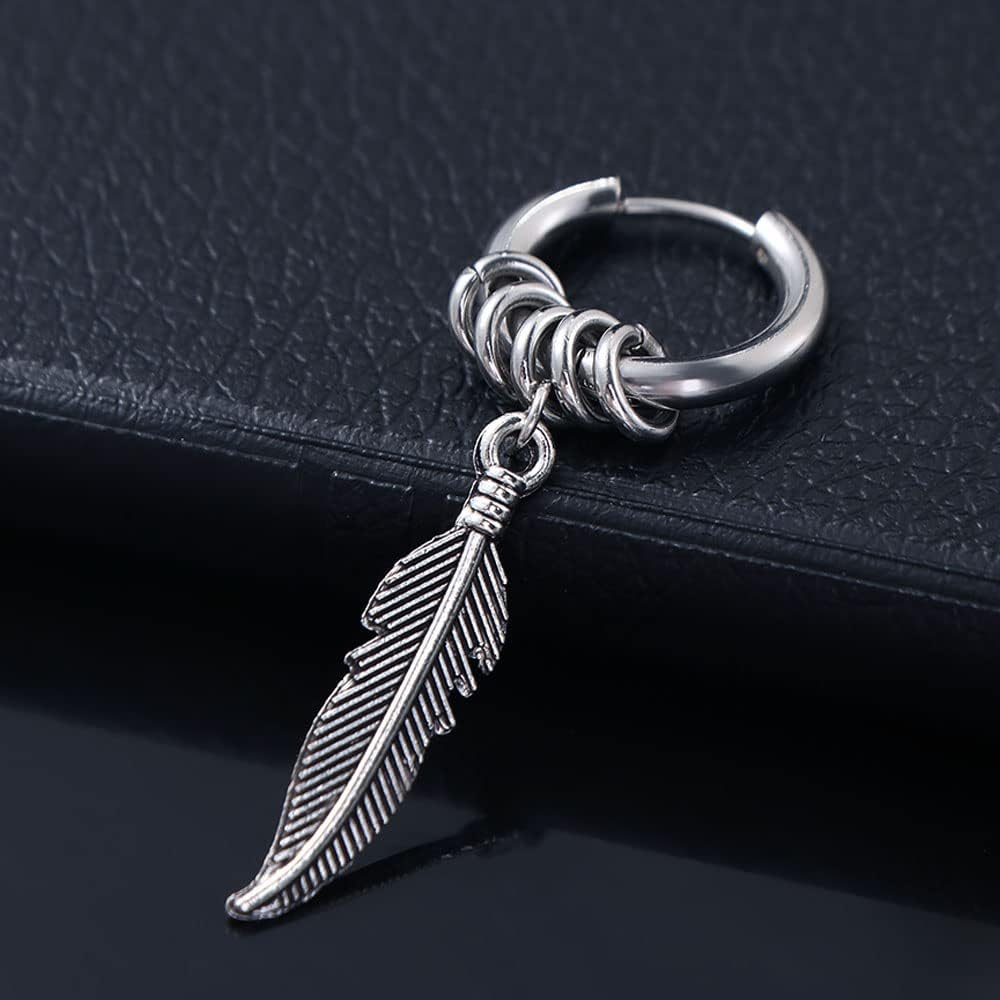 Stainless Steel Feather Design Hoop Earrings, Punk Rock Style Earrings Jewelry, Vintage Leaf Alloy Silver - Image 4