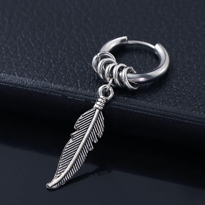 Stainless Steel Feather Design Hoop Earrings, Punk Rock Style Earrings Jewelry, Vintage Leaf Alloy Silver - Image 4