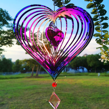 Metal wind chime, hanging garden decoration, stainless steel, heart pattern, spin with 360° rotating hook, 37x20 cm