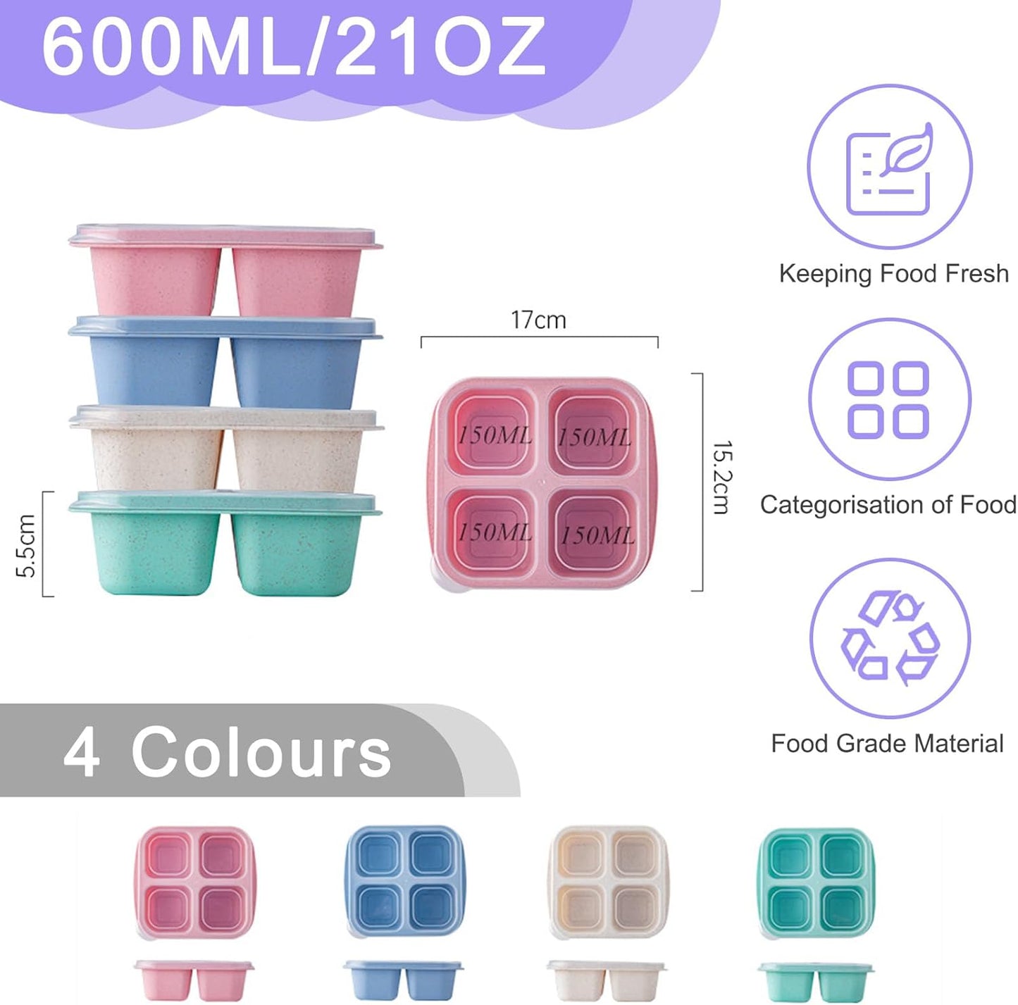 Snack Boxes with Compartments for Kids and Adults 4-Compartment Bento Lunch Boxes 4-Pack - Image 2