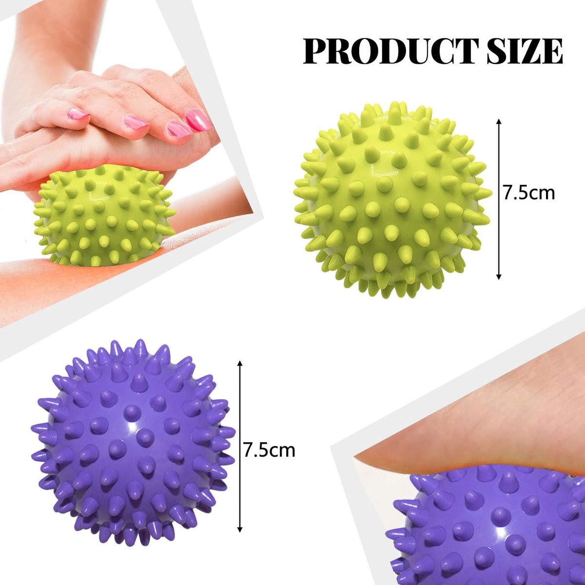 Massage Balls (Set of 2) - Trigger Point Balls - Massage Balls with Relief Points - Pointed Balls - Hedgehog Balls - Massage Balls - Trigger Point Exercise Balls - For Massaging Hand, Leg, Shoulder, Hip and Foot Muscles (Green/Purple 7.5 cm) - Image 5